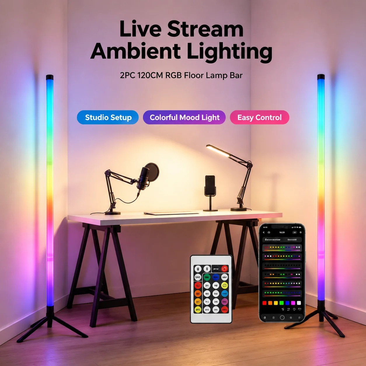 Esports Gaming Setup - 120CM RGB Eck-Stehlampe, Schallaktivierte LED-Lichtleiste für
