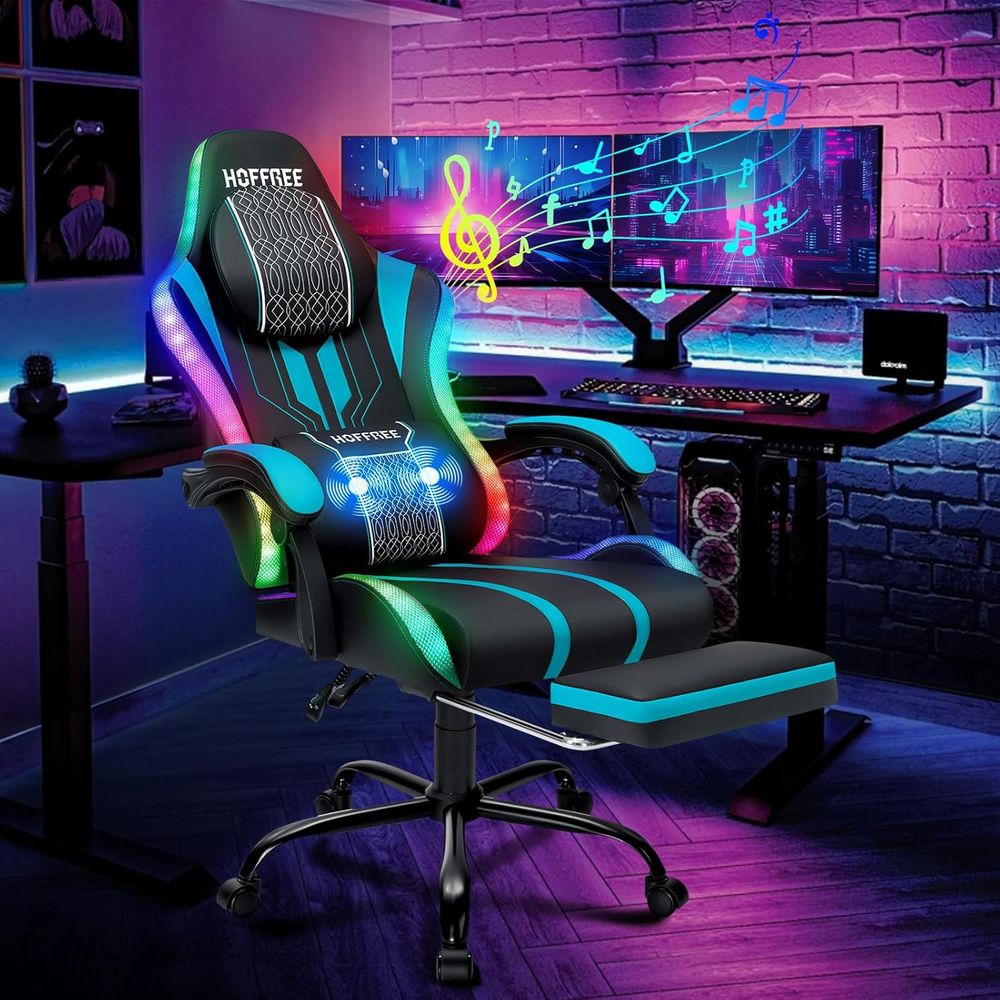 Rgb Gaming Chair - Gaming-Stuhl mit LED-Beleuchtung, Lautsprechern und Massagefunktion,